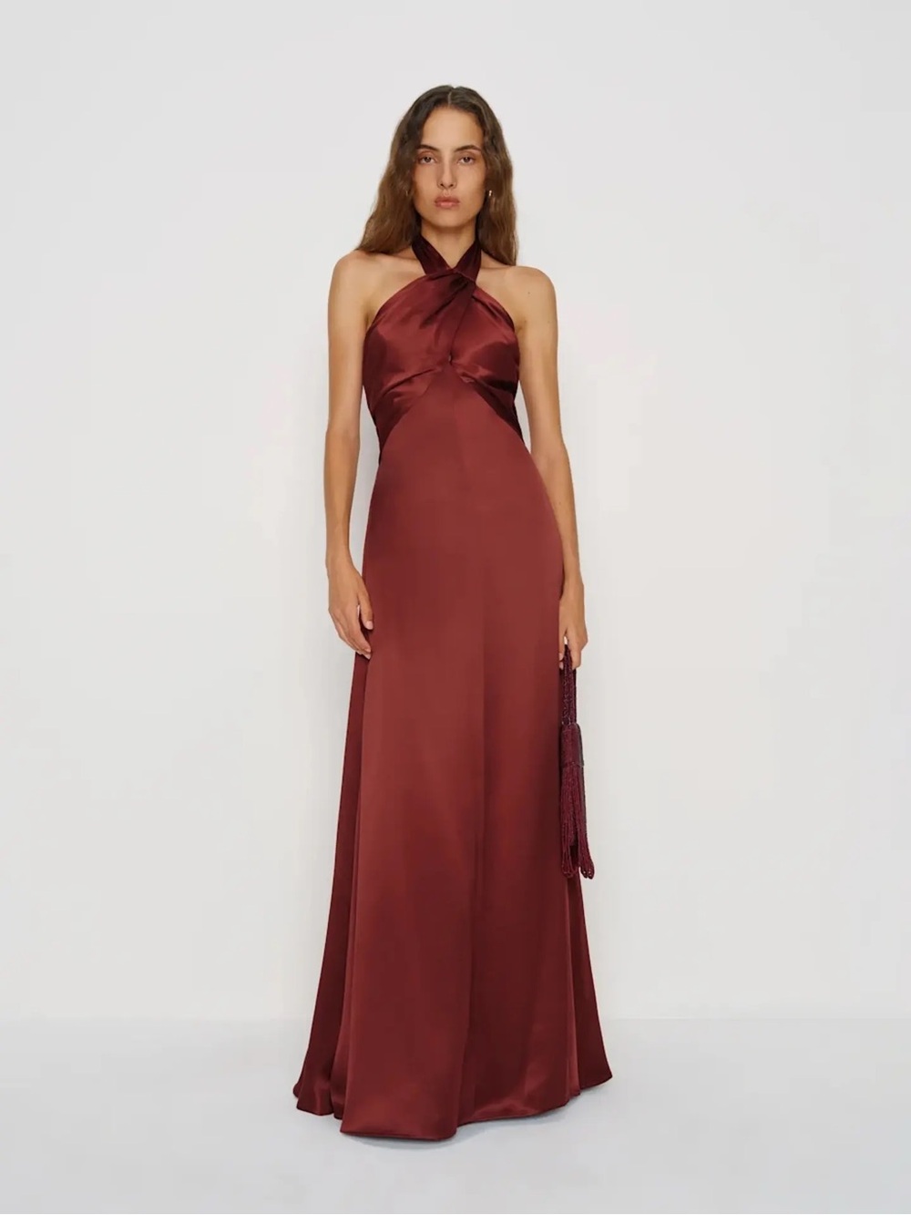 Reformation One-Shoulder Twist Halter Gown in Burgundy
